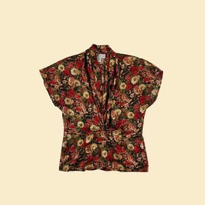 Vintage 80s floral peplum blouse, size 6 red floral v-neck Michelle Stuart